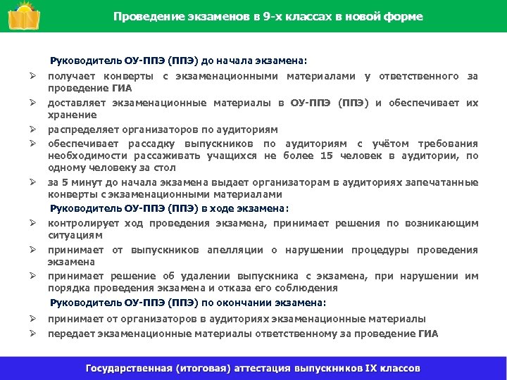 Проведение экзаменов в 9 -х классах в новой форме Руководитель ОУ-ППЭ (ППЭ) до начала