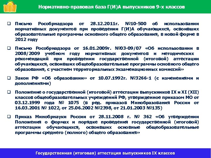 Нормативно-правовая база Г(И)А выпускников 9 -х классов q Письмо Рособрнадзора от 28. 12. 2011