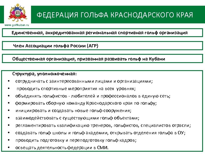 ФЕДЕРАЦИЯ ГОЛЬФА КРАСНОДАРСКОГО КРАЯ www. golfkuban. ru Единственная, аккредитованная региональная спортивная гольф организация Член