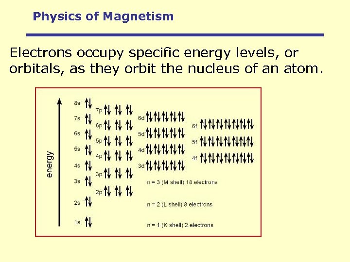 Physics of Magnetism Electrons occupy specific energy levels, or orbitals, as they orbit the