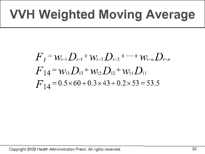 VVH Weighted Moving Average Copyright 2008 Health Administration Press. All rights reserved. 30 