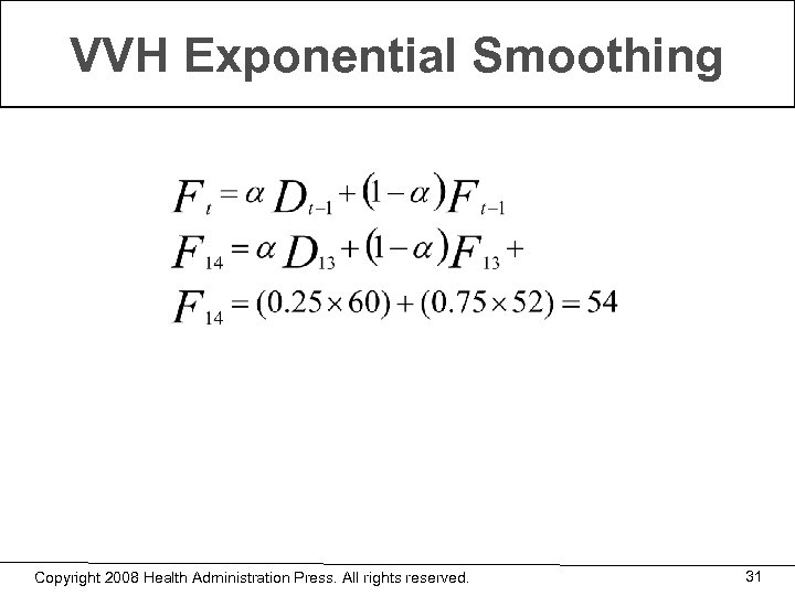 VVH Exponential Smoothing Copyright 2008 Health Administration Press. All rights reserved. 31 