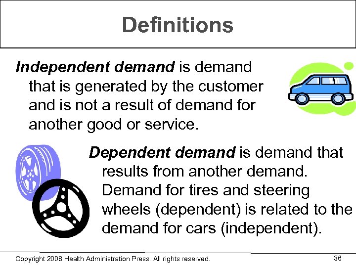 Definitions Independent demand is demand that is generated by the customer and is not