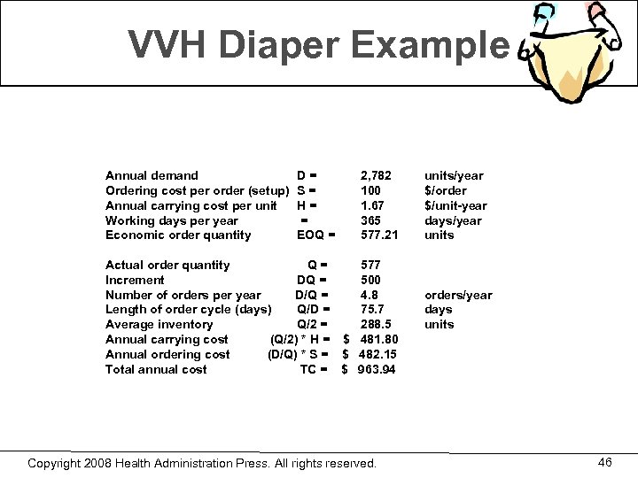 VVH Diaper Example Annual demand Ordering cost per order (setup) Annual carrying cost per