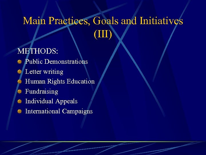 Main Practices, Goals and Initiatives (III) METHODS: Public Demonstrations Letter writing Human Rights Education