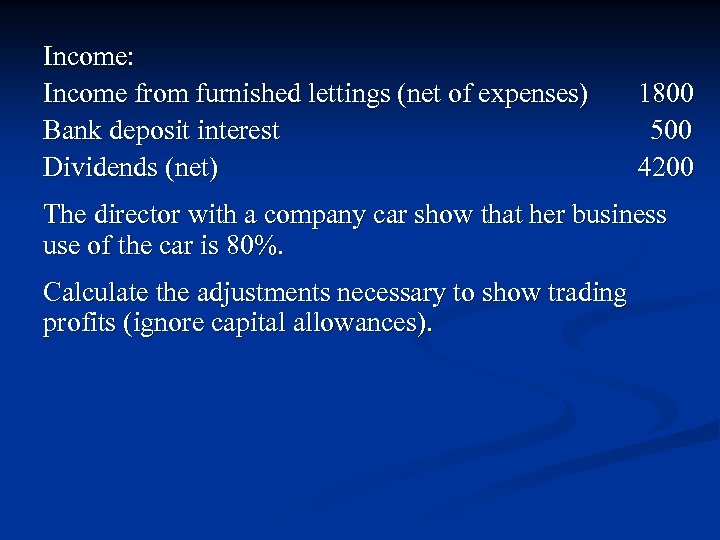 Income: Income from furnished lettings (net of expenses) Bank deposit interest Dividends (net) 1800