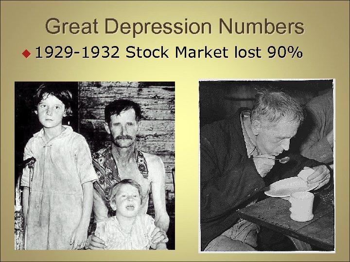 Great Depression Numbers u 1929 -1932 Stock Market lost 90% 