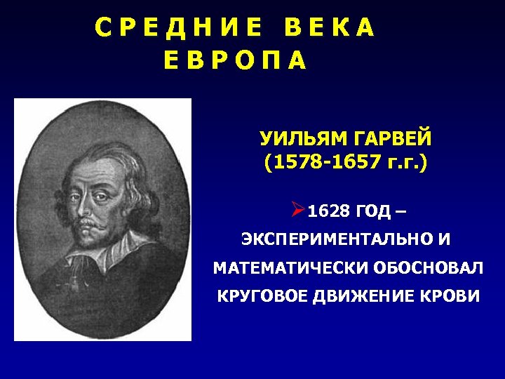 СРЕДНИЕ ВЕКА ЕВРОПА УИЛЬЯМ ГАРВЕЙ (1578 -1657 г. г. ) Ø 1628 ГОД –