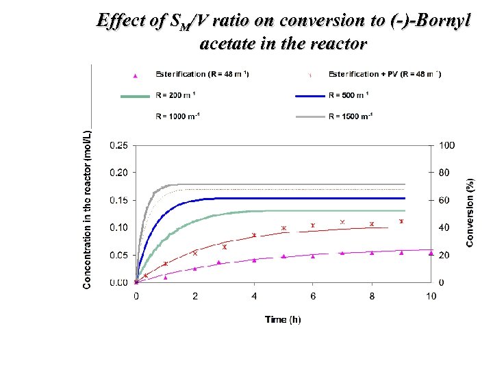 Effect of SM/V ratio on conversion to (-)-Bornyl acetate in the reactor 