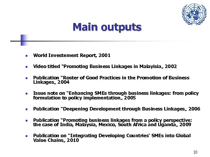 Main outputs n World Investement Report, 2001 n Video titled “Promoting Business Linkages in