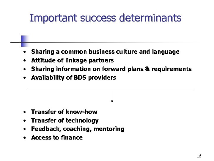 Important success determinants • • Sharing a common business culture and language Attitude of