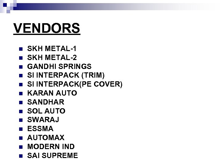 VENDORS n n n n SKH METAL-1 SKH METAL-2 GANDHI SPRINGS SI INTERPACK (TRIM)