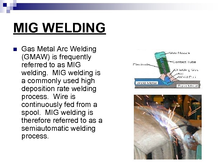 MIG WELDING n Gas Metal Arc Welding (GMAW) is frequently referred to as MIG