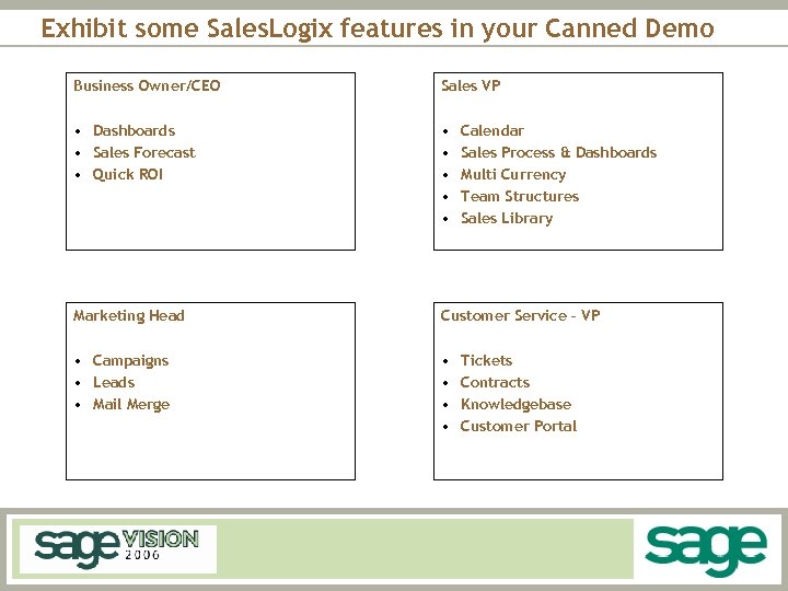 Exhibit some Sales. Logix features in your Canned Demo Business Owner/CEO Sales VP •
