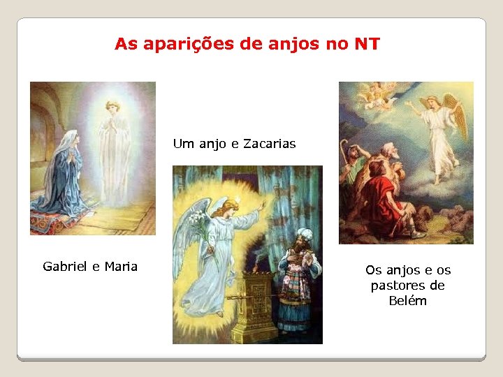 As aparições de anjos no NT Um anjo e Zacarias Gabriel e Maria Os