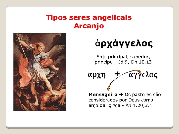 Tipos seres angelicais Arcanjo Anjo principal, superior, príncipe – Jd 9, Dn 10. 13