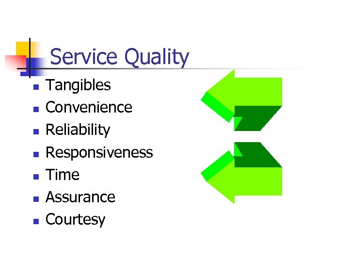 Service Quality n n n n Tangibles Convenience Reliability Responsiveness Time Assurance Courtesy 