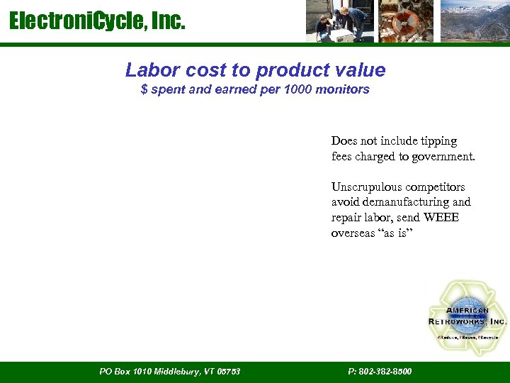 Electroni. Cycle, Inc. Labor cost to product value $ spent and earned per 1000