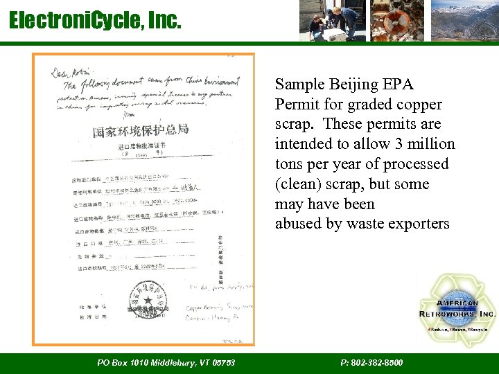 Electroni. Cycle, Inc. Sample Beijing EPA Permit for graded copper scrap. These permits are