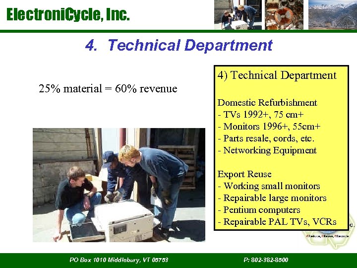 Electroni. Cycle, Inc. 4. Technical Department 4) Technical Department 25% material = 60% revenue