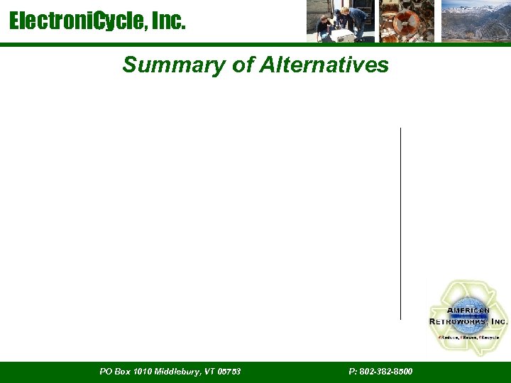Electroni. Cycle, Inc. Summary of Alternatives PO Box 1010 Middlebury, VT 05753 P: 802