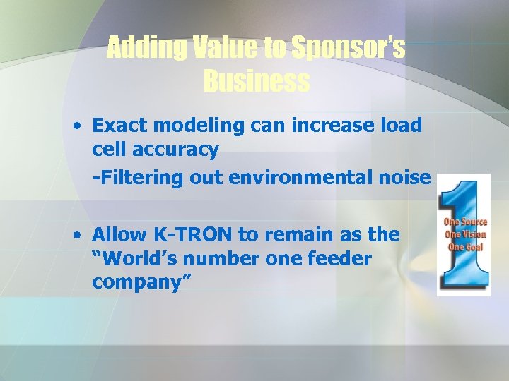 Adding Value to Sponsor’s Business • Exact modeling can increase load cell accuracy -Filtering