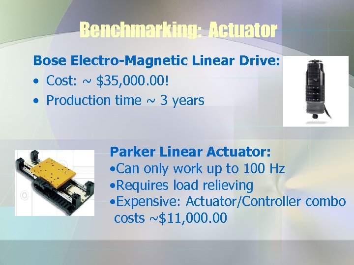 Benchmarking: Actuator Bose Electro-Magnetic Linear Drive: • Cost: ~ $35, 000. 00! • Production