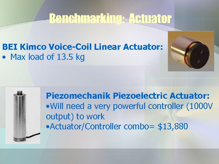 Benchmarking: Actuator BEI Kimco Voice-Coil Linear Actuator: • Max load of 13. 5 kg