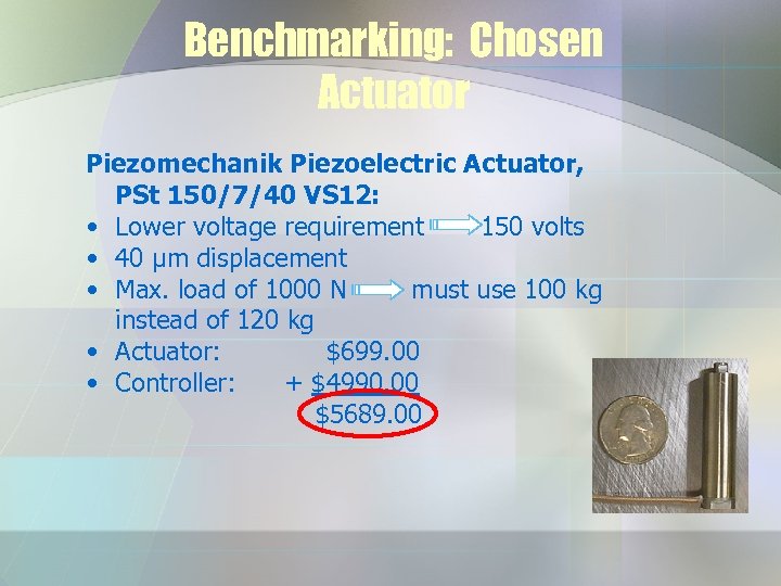 Benchmarking: Chosen Actuator Piezomechanik Piezoelectric Actuator, PSt 150/7/40 VS 12: • Lower voltage requirement