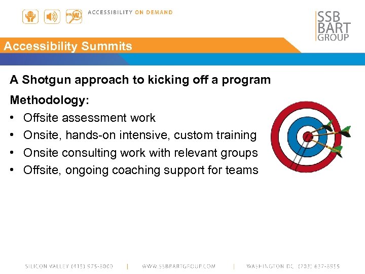 Accessibility Summits A Shotgun approach to kicking off a program Methodology: • Offsite assessment