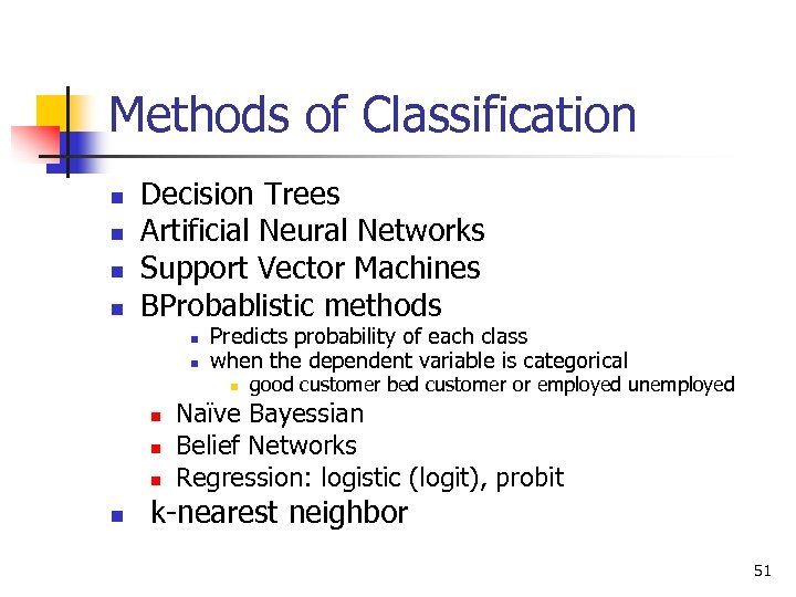Methods of Classification n n Decision Trees Artificial Neural Networks Support Vector Machines BProbablistic