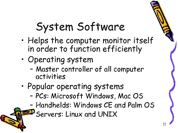 System Software • Helps the computer monitor itself in order to function efficiently •
