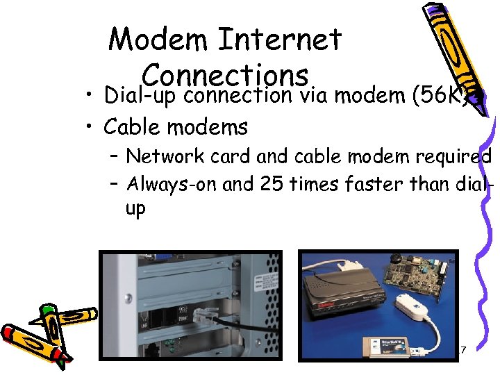 Modem Internet Connections • Dial-up connection via modem (56 K) • Cable modems –