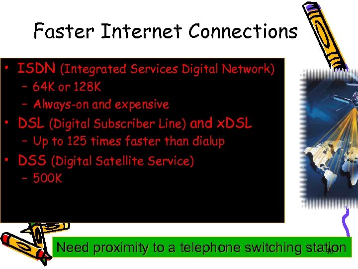 Faster Internet Connections • ISDN (Integrated Services Digital Network) – 64 K or 128