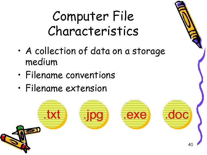 Computer File Characteristics • A collection of data on a storage medium • Filename