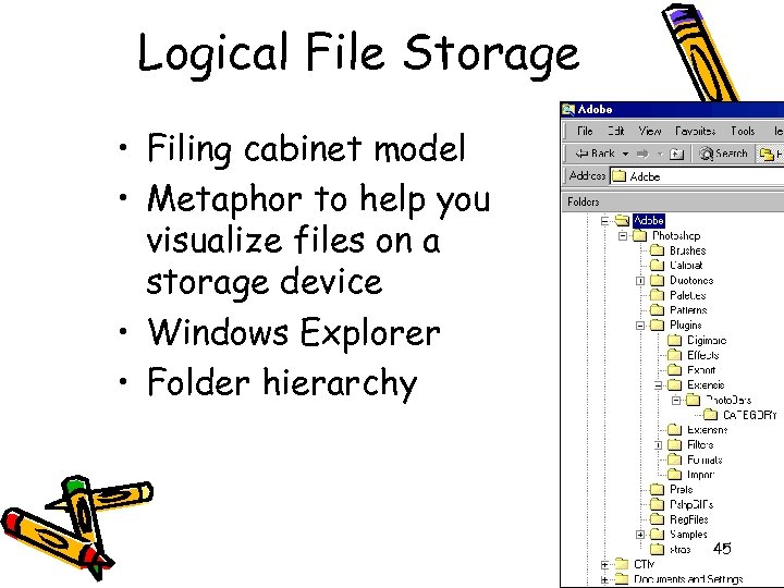 Logical File Storage • Filing cabinet model • Metaphor to help you visualize files