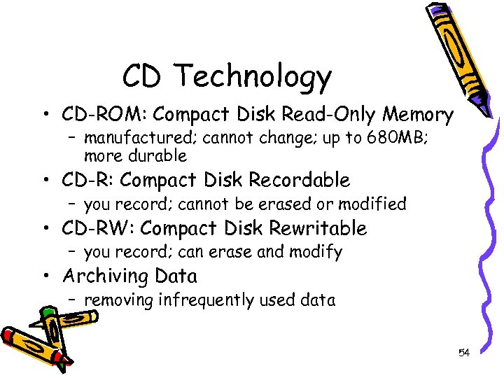 CD Technology • CD-ROM: Compact Disk Read-Only Memory – manufactured; cannot change; up to