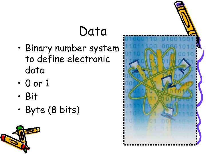 Data • Binary number system to define electronic data • 0 or 1 •