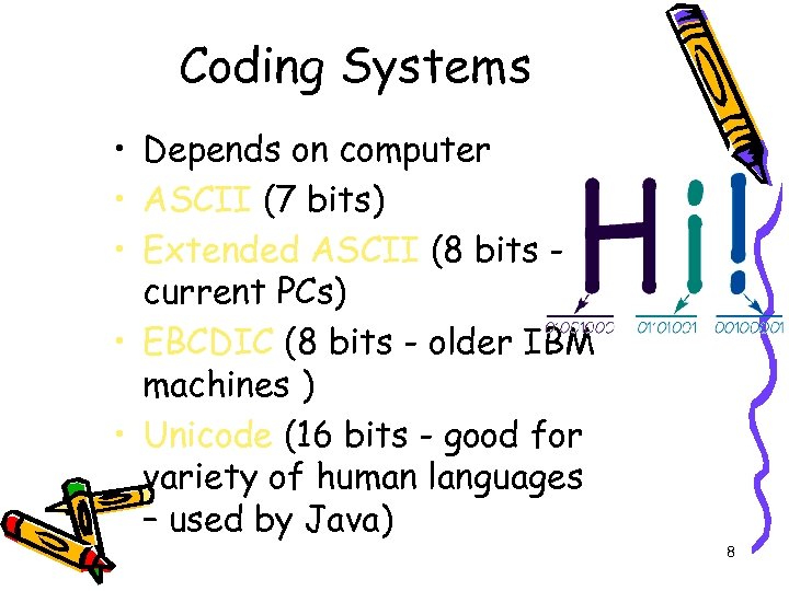 Coding Systems • Depends on computer • ASCII (7 bits) • Extended ASCII (8