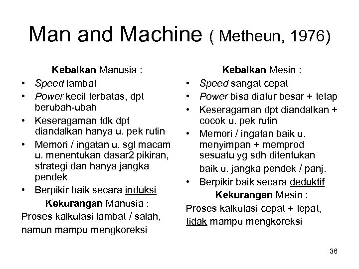 Man and Machine ( Metheun, 1976) Kebaikan Manusia : • Speed lambat • Power