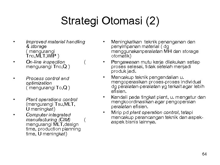 Strategi Otomasi (2) • Improved material handling & storage ( mengurangi Tno, MLT, WIP