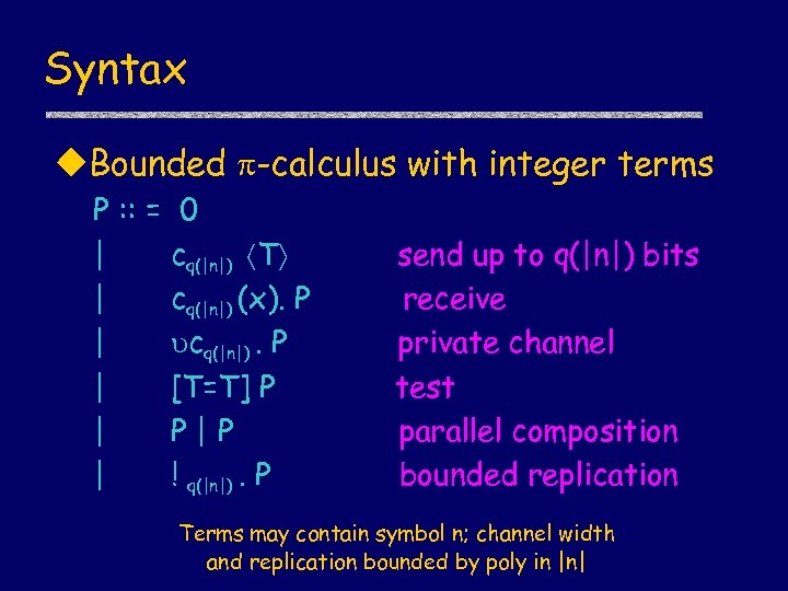 Syntax u. Bounded -calculus with integer terms P : : = 0 | cq(|n|)