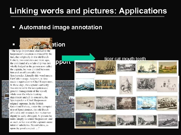 Linking words and pictures: Applications § Automated image annotation § Auto illustration § Browsing