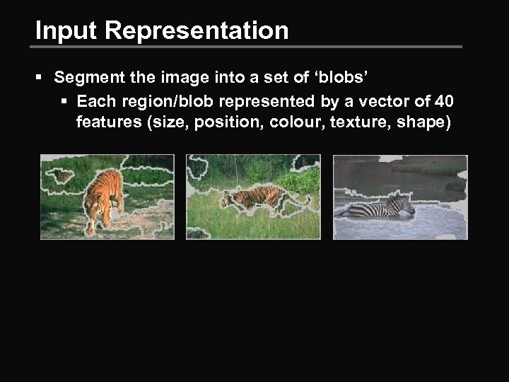 Input Representation § Segment the image into a set of ‘blobs’ § Each region/blob