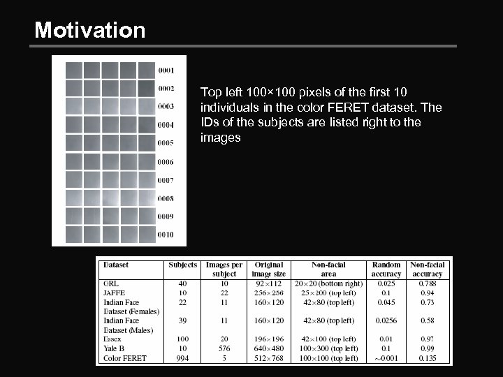 Motivation Top left 100× 100 pixels of the first 10 individuals in the color