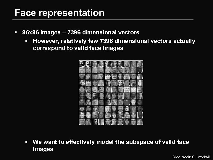 Face representation § 86 x 86 images – 7396 dimensional vectors § However, relatively