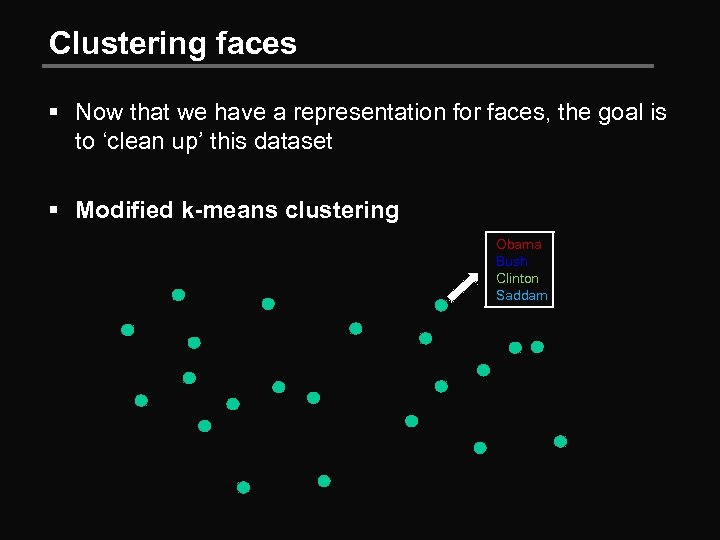 Clustering faces § Now that we have a representation for faces, the goal is