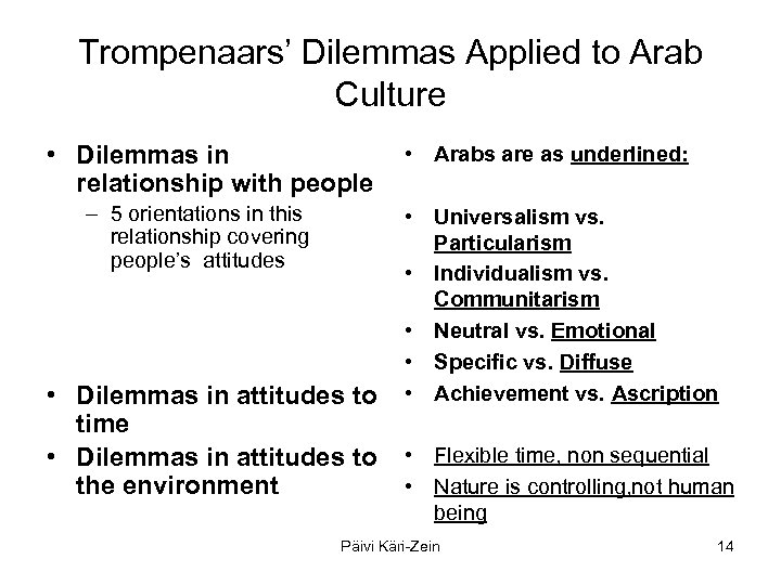 Trompenaars’ Dilemmas Applied to Arab Culture • Dilemmas in relationship with people – 5