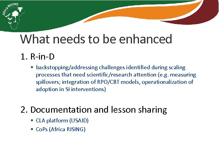 What needs to be enhanced 1. R-in-D § backstopping/addressing challenges identified during scaling processes