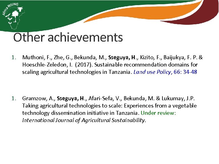 Other achievements 1. Muthoni, F. , Zhe, G. , Bekunda, M. , Sseguya, H.